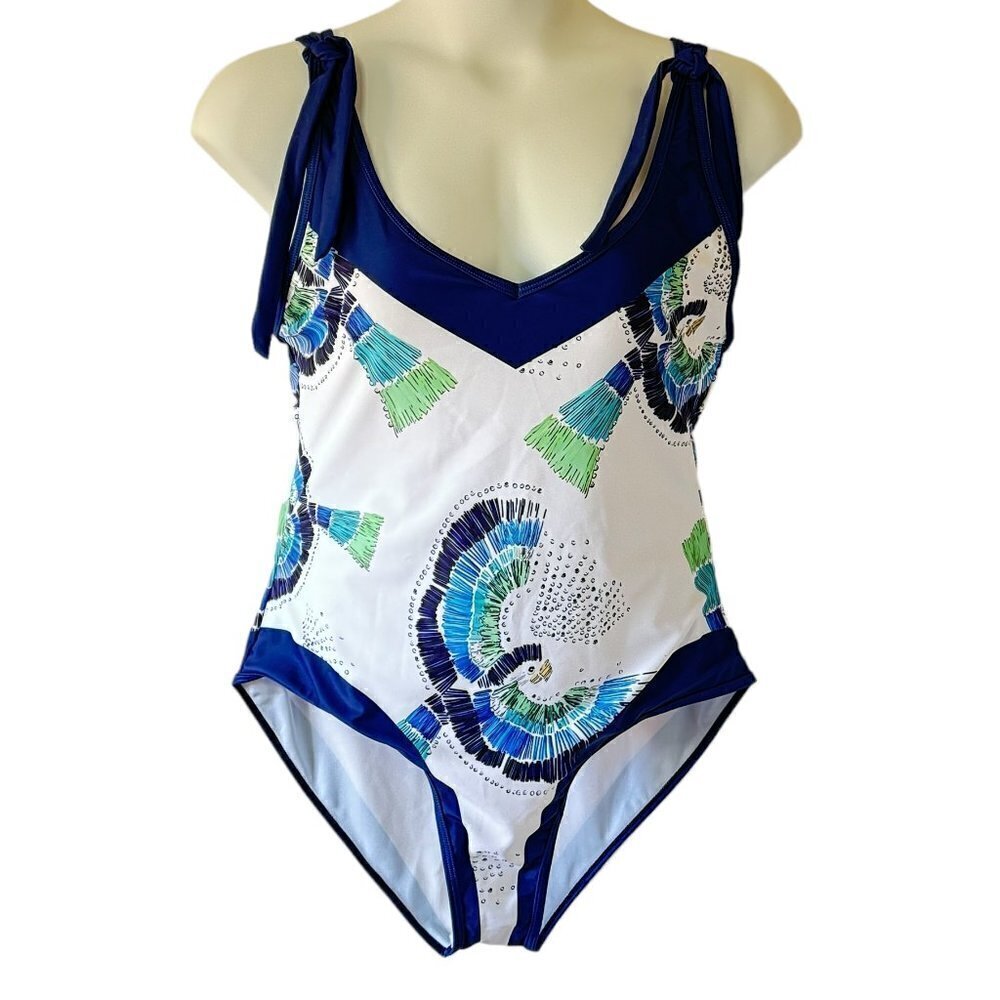 Noracora One Piece NEW WITH TAGS V-Neck Bird Print White has Royal Blue Trim XXL - Picture 3 of 14